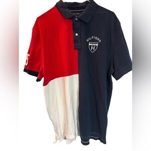 Tommy Hilfiger 85 Polo Sz XL Color Block Short Sleeve Mens Shirt Red White Blue